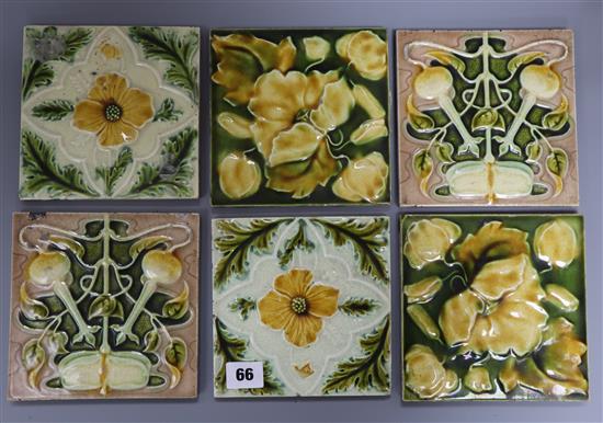Three pairs of Art Nouveau style tiles 15cm sq.